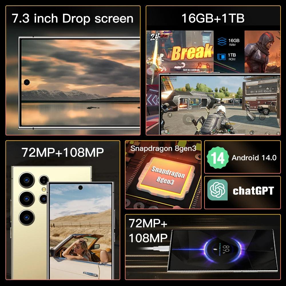 S24Ultra Smartphone 5G 7.3" Full Screen 7800mAh Snapdragon 8 gen3 Camera 108MP - Tartaruga Shop