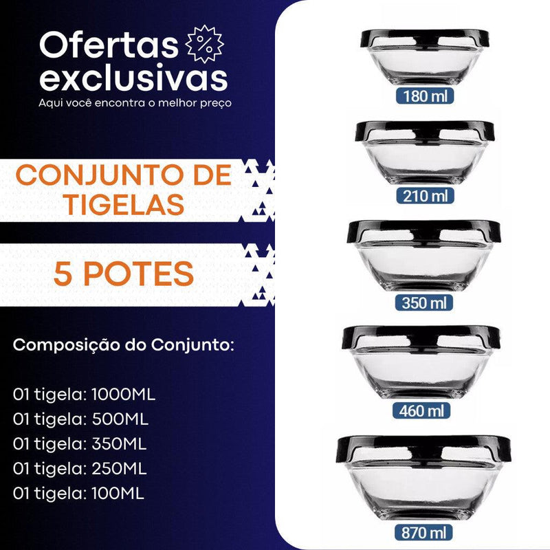 Conjunto Tigela Vidro Marmita Tampa 5 Peças - Tartaruga Shop
