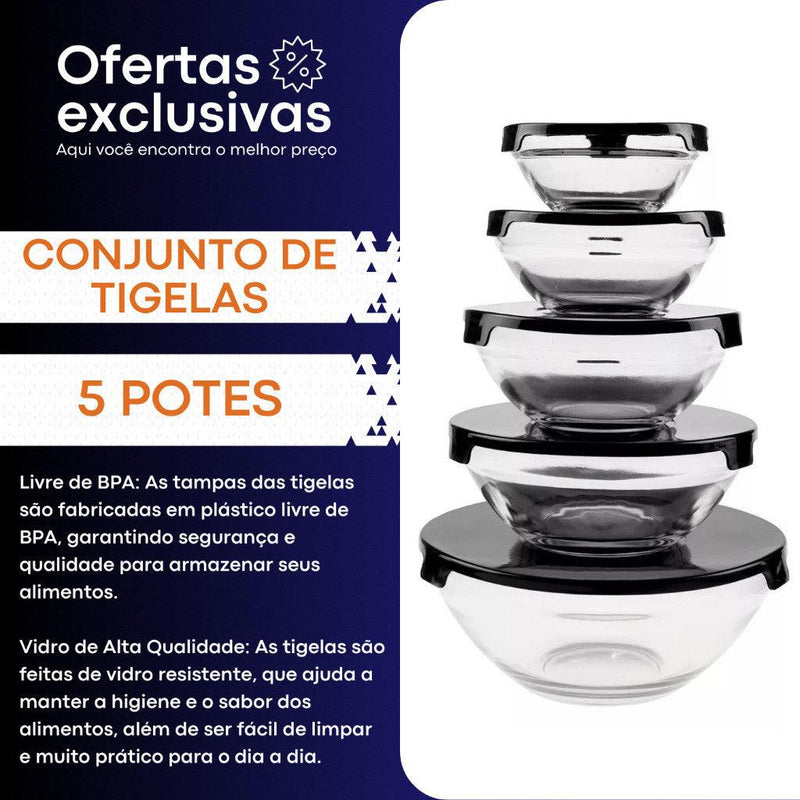 Conjunto Tigela Vidro Marmita Tampa 5 Peças - Tartaruga Shop