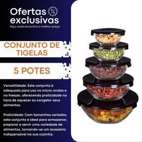 Conjunto Tigela Vidro Marmita Tampa 5 Peças - Tartaruga Shop
